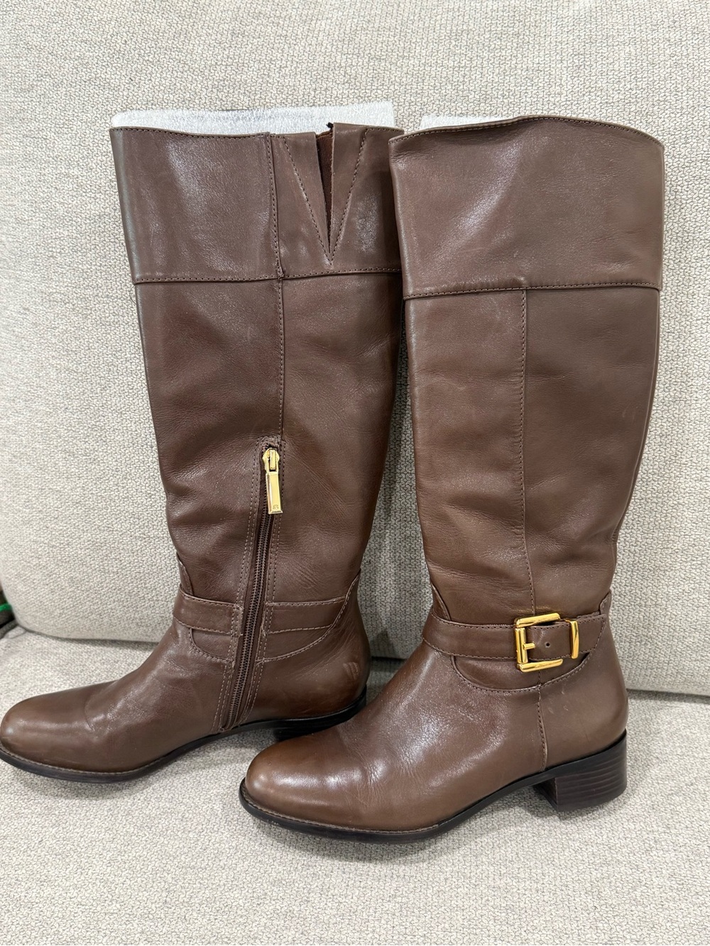 Tall Brown Leather Riding Boots with Gold Buckle